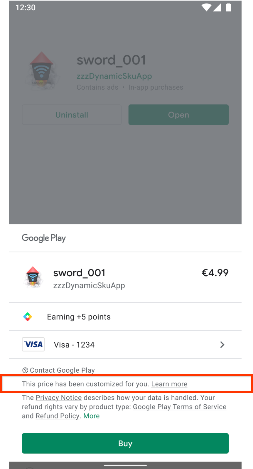 Экран покупки в Google Play, показывающий, что цена была настроена индивидуально для пользователя.