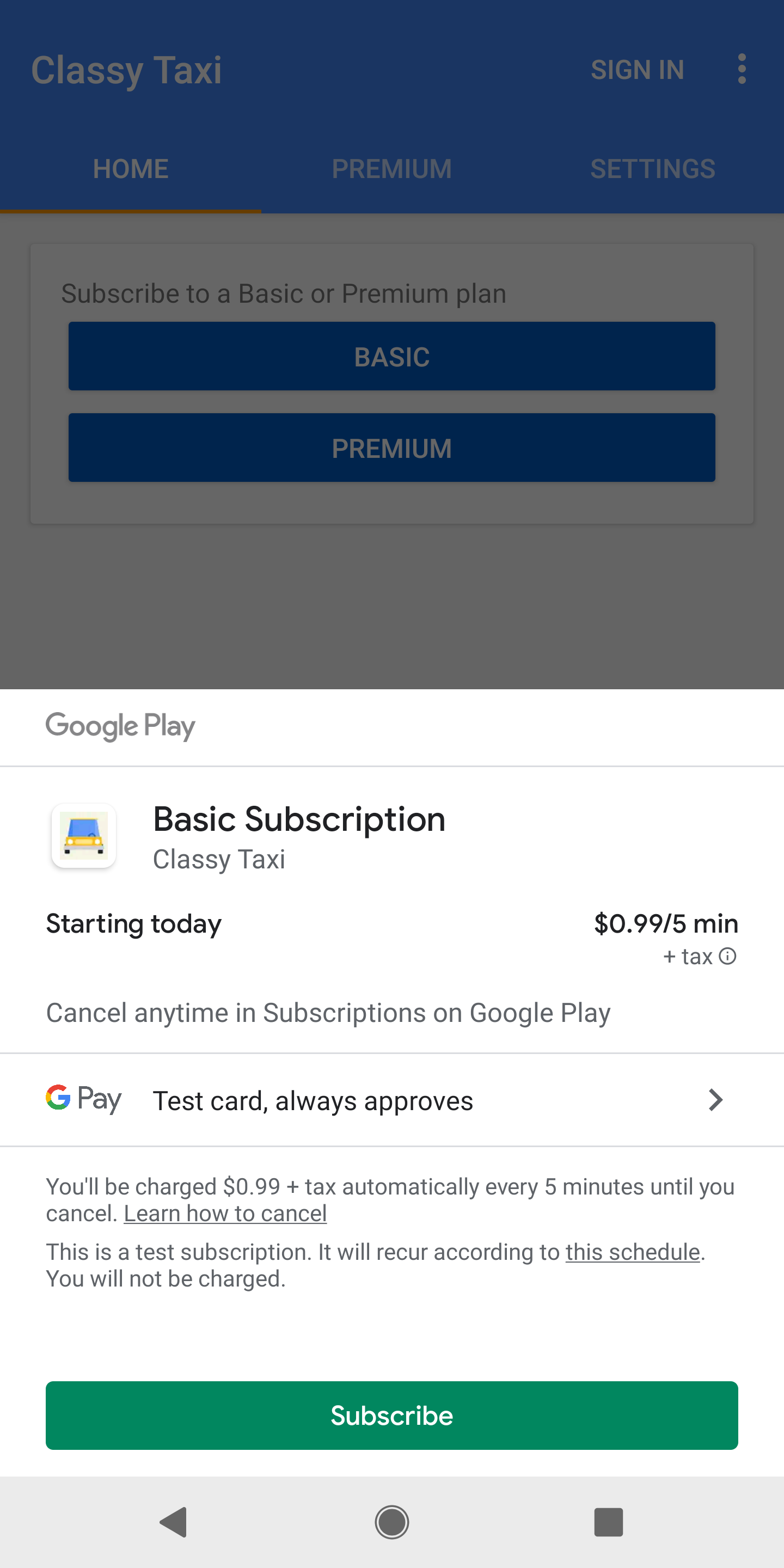 экран покупки Google Play показывает подписку, которая доступна для покупки
